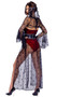 Black Widow costume includes velvet printed sheer shrug with long bell sleeves and matching tall collar with arm straps. Matching strapless bodysuit with attached long skirt featuring front slits also included. Waist cincher with spider print and back zipper closure also included. Four piece set.