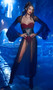 Black Widow costume includes velvet printed sheer shrug with long bell sleeves and matching tall collar with arm straps. Matching strapless bodysuit with attached long skirt featuring front slits also included. Waist cincher with spider print and back zipper closure also included. Four piece set.