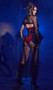 Black Widow costume includes velvet printed sheer shrug with long bell sleeves and matching tall collar with arm straps. Matching strapless bodysuit with attached long skirt featuring front slits also included. Waist cincher with spider print and back zipper closure also included. Four piece set.