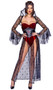 Black Widow costume includes velvet printed sheer shrug with long bell sleeves and matching tall collar with arm straps. Matching strapless bodysuit with attached long skirt featuring front slits also included. Waist cincher with spider print and back zipper closure also included. Four piece set.