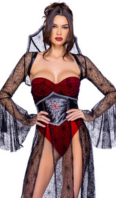 Black Widow costume includes velvet printed sheer shrug with long bell sleeves and matching tall collar with arm straps. Matching strapless bodysuit with attached long skirt featuring front slits also included. Waist cincher with spider print and back zipper closure also included. Four piece set.