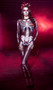 Sugar Skeleton costume includes sheer jumpsuit with skeleton screen printed design, attached finger loops, and zipper closure. Butterfly headpiece also included. Two piece set.