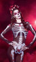 Sugar Skeleton costume includes sheer jumpsuit with skeleton screen printed design, attached finger loops, and zipper closure. Butterfly headpiece also included. Two piece set.