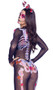 Sugar Skeleton costume includes sheer jumpsuit with skeleton screen printed design, attached finger loops, and zipper closure. Butterfly headpiece also included. Two piece set.