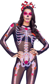 Sugar Skeleton costume includes sheer jumpsuit with skeleton screen printed design, attached finger loops, and zipper closure. Butterfly headpiece also included. Two piece set.