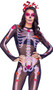 Sugar Skeleton costume includes sheer jumpsuit with skeleton screen printed design, attached finger loops, and zipper closure. Butterfly headpiece also included. Two piece set.