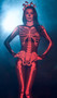 Sugar Skeleton costume includes sheer jumpsuit with skeleton screen printed design, attached finger loops, and zipper closure. Butterfly headpiece also included. Two piece set.