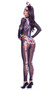 Sugar Skeleton costume includes sheer jumpsuit with skeleton screen printed design, attached finger loops, and zipper closure. Butterfly headpiece also included. Two piece set.