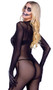 Sparkling Skeleton costume includes sheer jumpsuit with rhinestone skeleton design, attached gloves with thumb hole opening, and zipper closure. One piece.