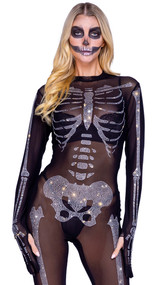 Sparkling Skeleton costume includes sheer jumpsuit with rhinestone skeleton design, attached gloves with thumb hole opening, and zipper closure. One piece.