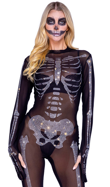 Sparkling Skeleton costume includes sheer jumpsuit with rhinestone skeleton design, attached gloves with thumb hole opening, and zipper closure. One piece.