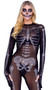 Sparkling Skeleton costume includes sheer jumpsuit with rhinestone skeleton design, attached gloves with thumb hole opening, and zipper closure. One piece.