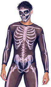 Sexy Skeleton costume includes sheer long sleeve jumpsuit with screen printed skeleton on front and back, and back zipper closure. One piece.