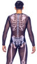 Sexy Skeleton costume includes sheer long sleeve jumpsuit with screen printed skeleton on front and back, and back zipper closure. One piece.