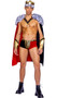 King of Hearts costume includes mid length two toned cape with faux fur trim, collar with jewel accents, and faux medal. Matching shorts with metallic striped design and matching crown with heart pattern also included. Three piece set.