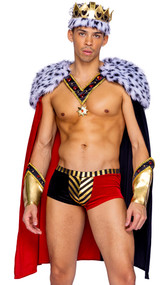 King of Hearts costume includes mid length two toned cape with faux fur trim, collar with jewel accents, and faux medal. Matching shorts with metallic striped design and matching crown with heart pattern also included. Three piece set.