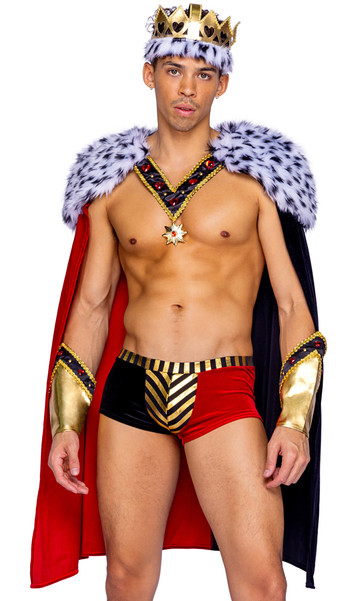 King of Hearts costume includes mid length two toned cape with faux fur trim, collar with jewel accents, and faux medal. Matching shorts with metallic striped design and matching crown with heart pattern also included. Three piece set.