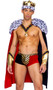 King of Hearts costume includes mid length two toned cape with faux fur trim, collar with jewel accents, and faux medal. Matching shorts with metallic striped design and matching crown with heart pattern also included. Three piece set.