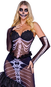 Dark Mermaid costume includes sleeveless sheer and opaque romper featuring padded seashell shaped cups, adjustable clear shoulder straps, and screen printed skeleton bones design. Matching asymmetrical skirt features screen printed fishtail bones, glitter tulle layers and ruffled waist. Matching fingerless gloves also included. Three piece set.