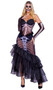 Dark Mermaid costume includes sleeveless sheer and opaque romper featuring padded seashell shaped cups, adjustable clear shoulder straps, and screen printed skeleton bones design. Matching asymmetrical skirt features screen printed fishtail bones, glitter tulle layers and ruffled waist. Matching fingerless gloves also included. Three piece set.