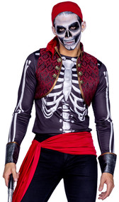Pirates Curse costume includes long sleeve shirt with screen printed skeleton on front and back, head scarf, and sash. Brocade vest with gold trim, collar and faux button accents also included. Four piece set.