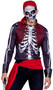 Pirates Curse costume includes long sleeve shirt with screen printed skeleton on front and back, head scarf, and sash. Brocade vest with gold trim, collar and faux button accents also included. Four piece set.