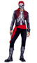 Pirates Curse costume includes long sleeve shirt with screen printed skeleton on front and back, head scarf, and sash. Brocade vest with gold trim, collar and faux button accents also included. Four piece set.