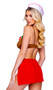 Eatin Out costume includes hamburger themed bra top with adjustable shoulder straps and back closure. Mini skirt with oversized safety pin and uniform style hat also included. Three piece set.