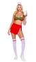 Eatin Out costume includes hamburger themed bra top with adjustable shoulder straps and back closure. Mini skirt with oversized safety pin and uniform style hat also included. Three piece set.