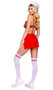 Eatin Out costume includes hamburger themed bra top with adjustable shoulder straps and back closure. Mini skirt with oversized safety pin and uniform style hat also included. Three piece set.