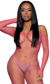 Wide fishnet long sleeve bodystocking features off the shoulder neckline.