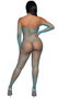 Wide fishnet long sleeve bodystocking features off the shoulder neckline.