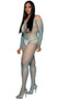 Wide fishnet long sleeve bodystocking features off the shoulder neckline.