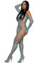 Wide fishnet long sleeve bodystocking features off the shoulder neckline.