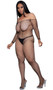 Wide fishnet long sleeve bodystocking features off the shoulder neckline.