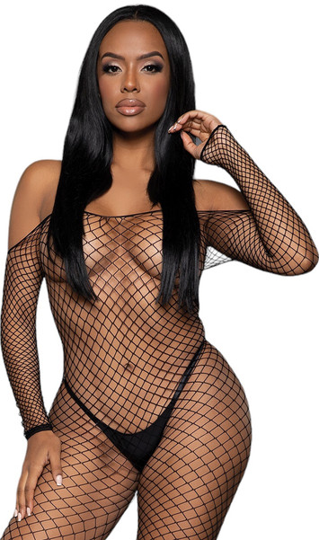 Wide fishnet long sleeve bodystocking features off the shoulder neckline.