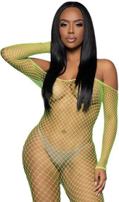Wide fishnet long sleeve bodystocking features off the shoulder neckline.
