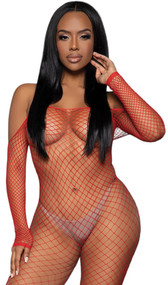 Wide fishnet long sleeve bodystocking features off the shoulder neckline.