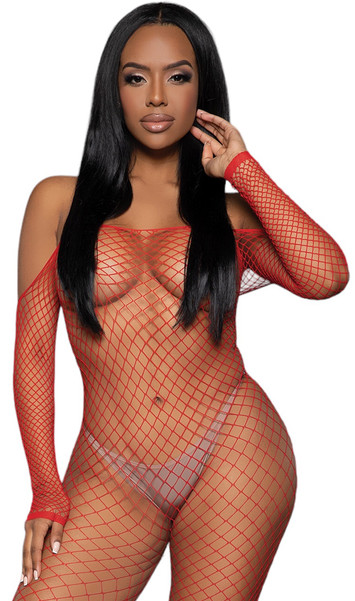 Wide fishnet long sleeve bodystocking features off the shoulder neckline.