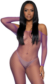 Wide fishnet long sleeve bodystocking features off the shoulder neckline.