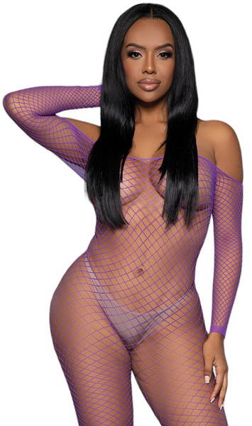 Wide fishnet long sleeve bodystocking features off the shoulder neckline.