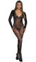 Floral lace bodystocking features deep V neckline with scalloped trim, long sleeves and open crotch.