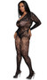 Floral lace bodystocking features deep V neckline with scalloped trim, long sleeves and open crotch.