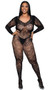 Floral lace bodystocking features deep V neckline with scalloped trim, long sleeves and open crotch.