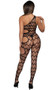 Asymmetrical one shoulder bodystocking features webbed net design and side cut outs.