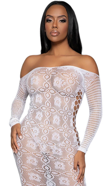 Off the shoulder floral lace net maxi dress features long sleeves and sexy criss cross cut out sides.