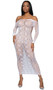 Off the shoulder floral lace net maxi dress features long sleeves and sexy criss cross cut out sides.