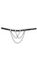 Studded leather choker with triple chains and O ring accents, and adjustable snap closure behind the neck.