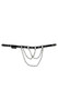 Studded leather choker with triple chains and O ring accents, and adjustable snap closure behind the neck.
