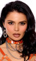 Studded leather choker with triple chains and O ring accents, and adjustable snap closure behind the neck.